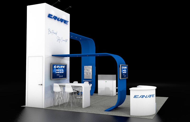 20' x 20' Modular DesignLine Exhibit w/ Curved Canopy Structures and Product Displays (ID0555)
