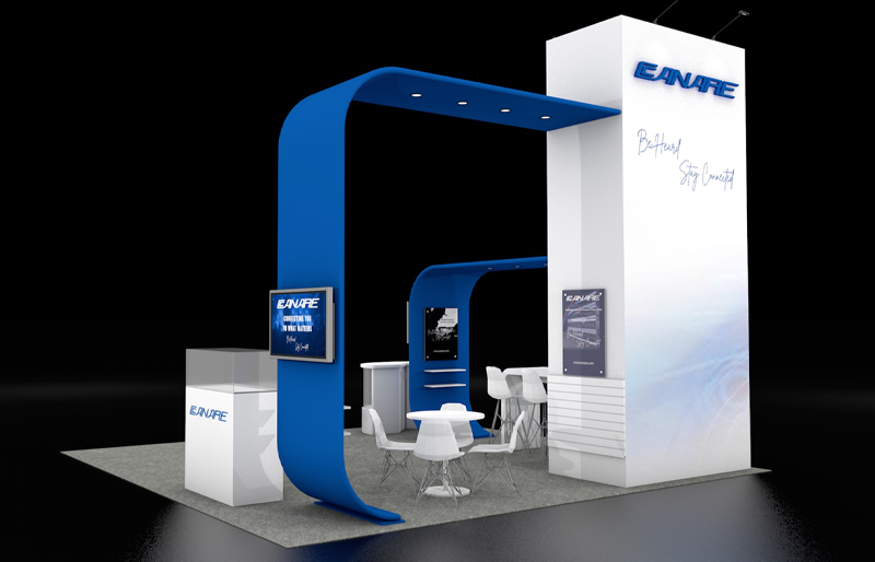 20' x 20' Modular DesignLine Exhibit w/ Curved Canopy Structures and Product Displays (ID0555)