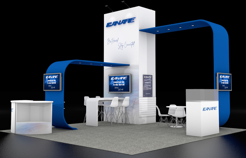 20' x 20' Modular DesignLine Exhibit w/ Curved Canopy Structures and Product Displays (ID0555)