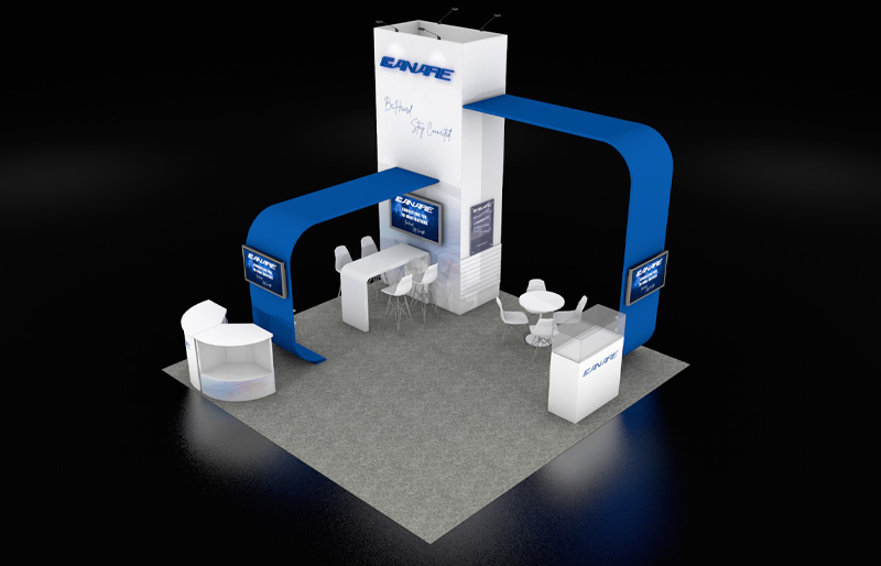 20' x 20' Modular DesignLine Exhibit w/ Curved Canopy Structures and Product Displays (ID0555)