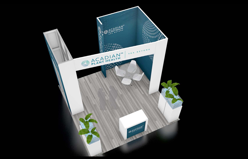 20' x 20' Custom Modular Island w/ Aquarium Podiums and Semi-Private Meeting Area (ID0557)