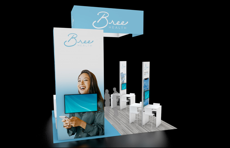 20' x 20' Custom Island w/ Interactive Kiosks, Meeting Areas, and Hanging Signs (ID0560)