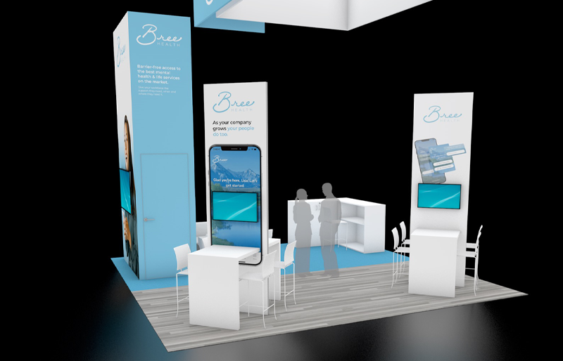 20' x 20' Custom Island w/ Interactive Kiosks, Meeting Areas, and Hanging Signs (ID0560)