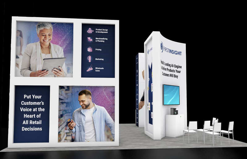 30' x 30' Custom Modular Exhibit w/ Graphic Towers, Presentation Area, and Demo Stations (ID0593)
