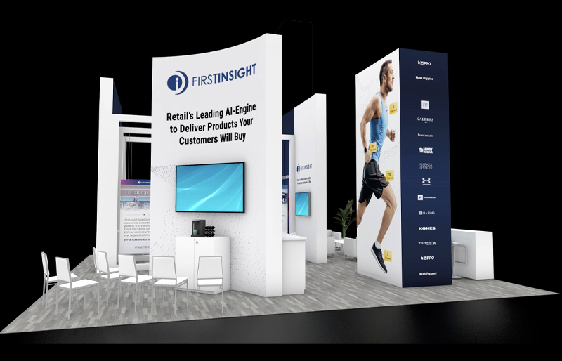 30' x 30' Custom Modular Exhibit w/ Graphic Towers, Presentation Area, and Demo Stations (ID0593)