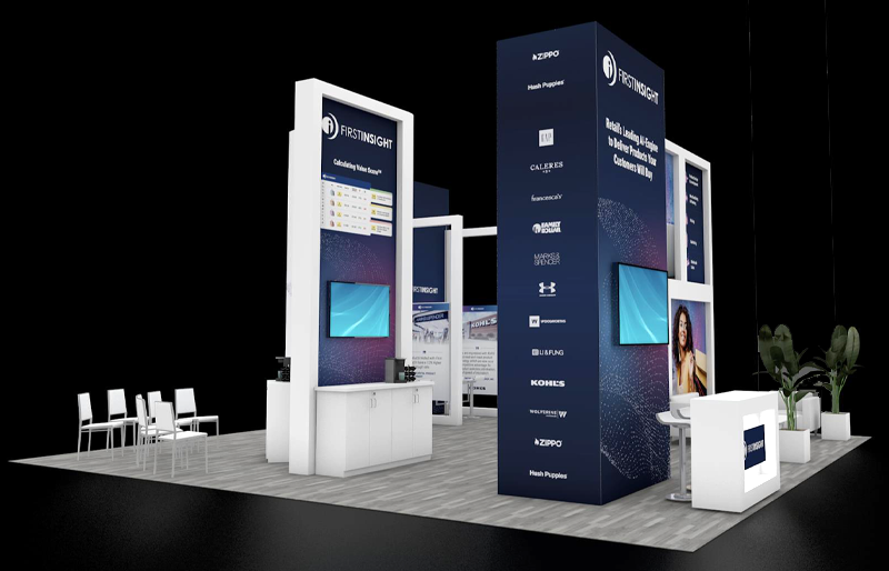 30' x 30' Custom Modular Exhibit w/ Graphic Towers, Presentation Area, and Demo Stations (ID0593)