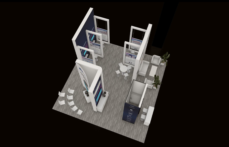 30' x 30' Custom Modular Exhibit w/ Graphic Towers, Presentation Area, and Demo Stations (ID0593)