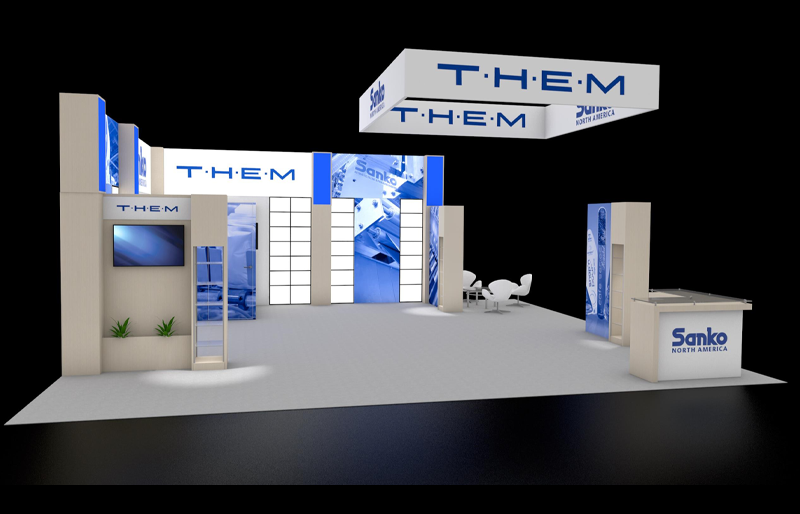 30' x 30' Backlit Island Exhibit w/ Illuminated Graphic Panels and Square Hanging Sign (ID0594)