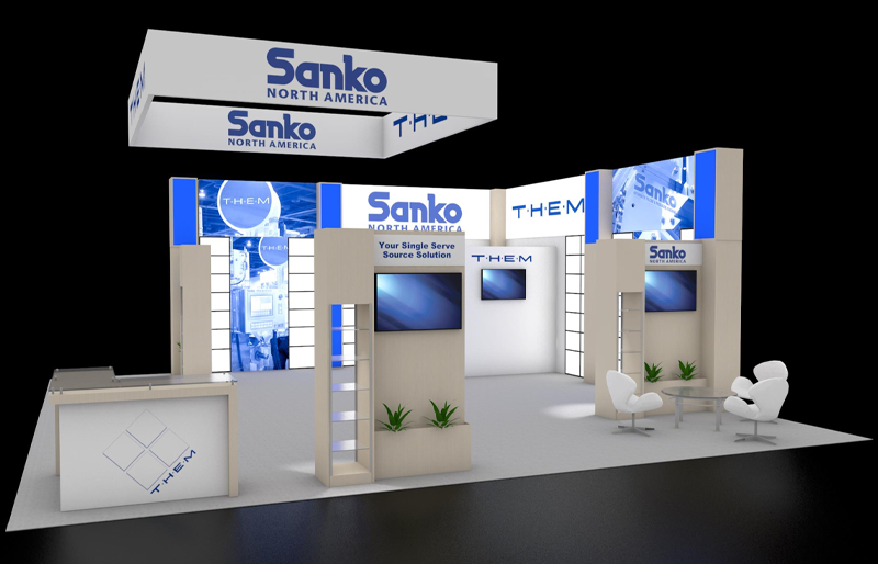 30' x 30' Backlit Island Exhibit w/ Illuminated Graphic Panels and Square Hanging Sign (ID0594)