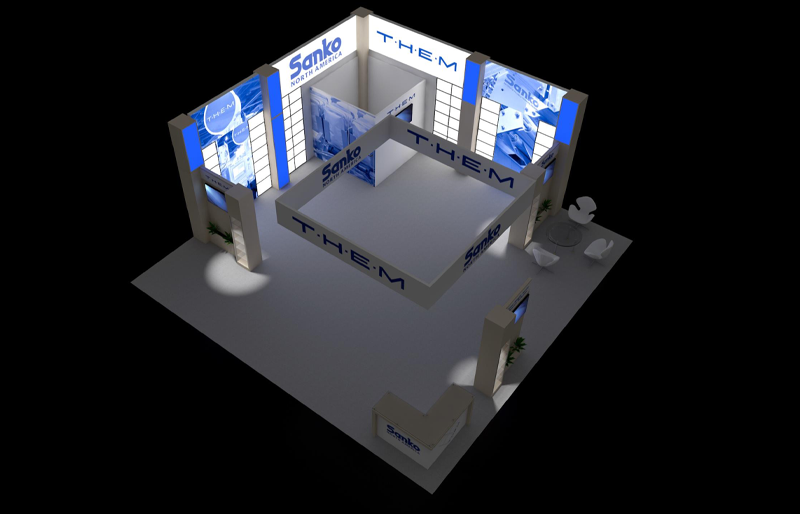 30' x 30' Backlit Island Exhibit w/ Illuminated Graphic Panels and Square Hanging Sign (ID0594)