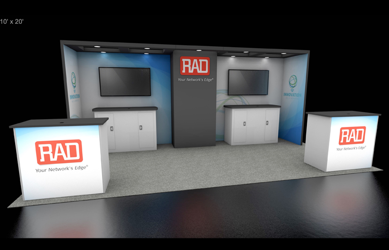 10' x 20' Scalable Custom Exhibit w/ DownLit Wood Canopy and Backlit Reception Counters (ID0609)